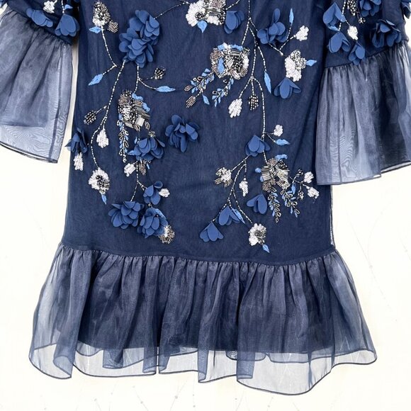 Marchesa Notte Navy Blue Tunic-Cut 3D Flowers Cocktail Dress $795 - Picture 4 of 9